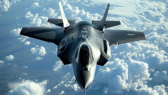 A sleek military aircraft is captured mid-flight above a dense laye