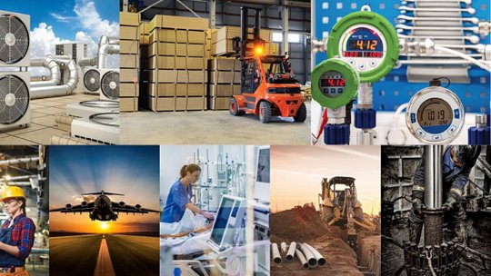 産業機器と多様な作業環境のコラージュ