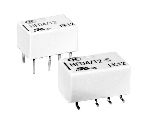 Two white electronic relays are displayed against a plain background. The visible text includes 'HFD4/12' and 'FK12', along with certification markings such as 'C US'.