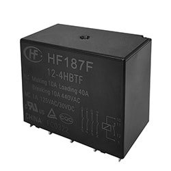 A black HF187F relay featuring detailed technical specifications printed on its surface. The visible text includes '12-4HBTF', 'Loading 40A', and 'Breaking 10A 440VAC'.