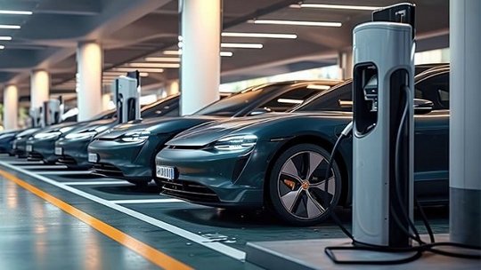 A row of sleek electric cars parked in a well-lit, modern parking garage, connected to charging stations.