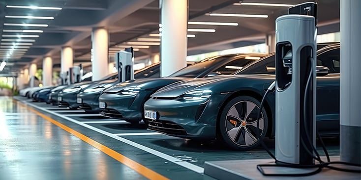 Eine Reihe eleganter Elektroautos, die in einer gut beleuchteten, modernen Parkgarage geparkt sind und mit Ladestationen verbunden sind.