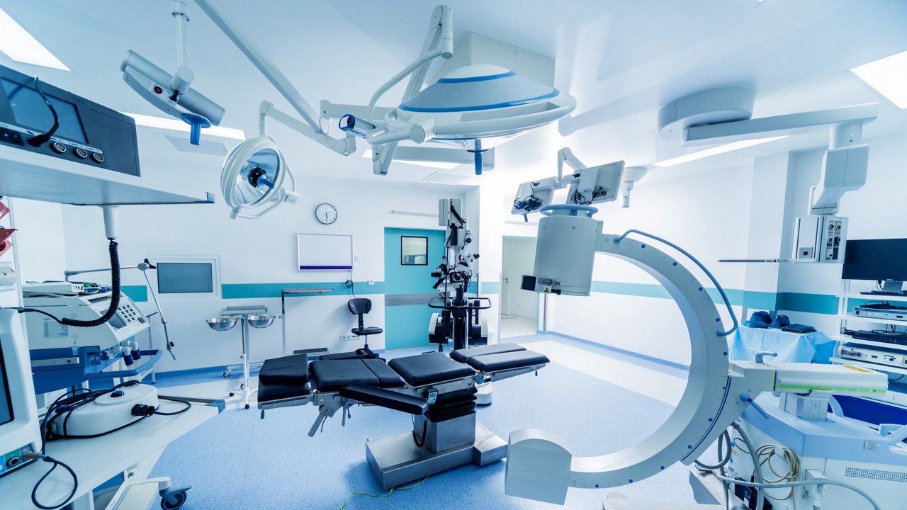A brightly lit, modern surgical room equipped with advanced medical devices and machinery