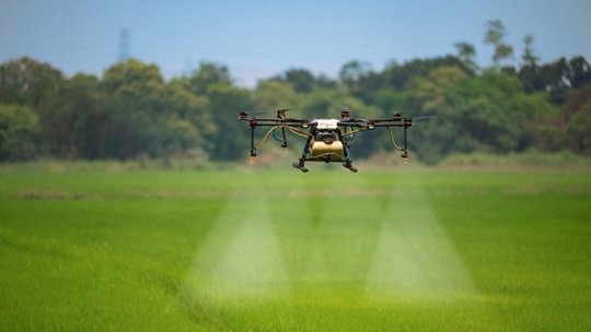 A drone equipped with spray nozzles is actively dispersing liquid over a lush green agricultural field. 