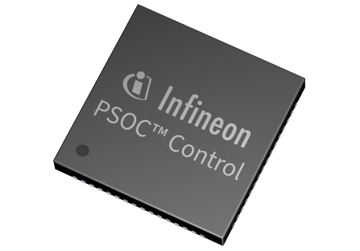 A close-up view of an Infineon PSOC™ Control microchip. The chip features a sleek black design with visible text branding and a compact form factor.