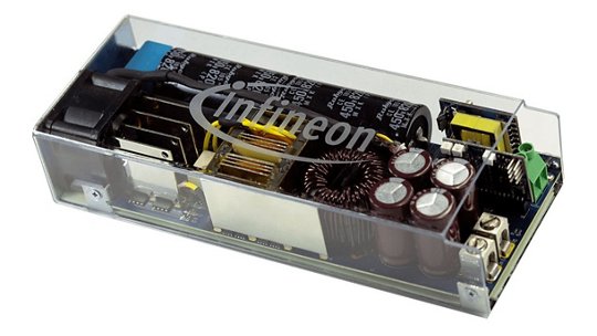 Close-up of an Infineon electronic module featuring visible capacitors and circuit components