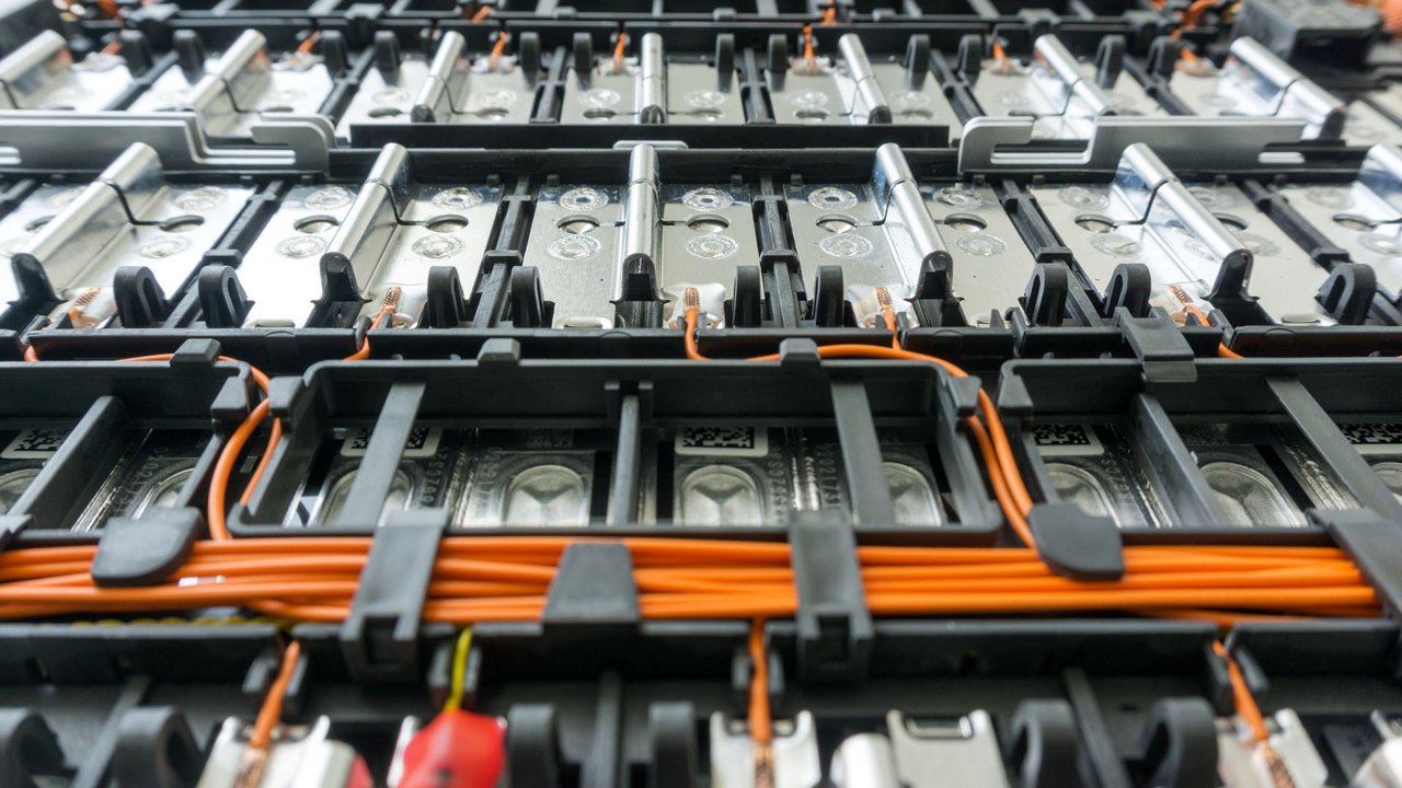 Detailed view of interconnected battery modules used in electric vehicles.