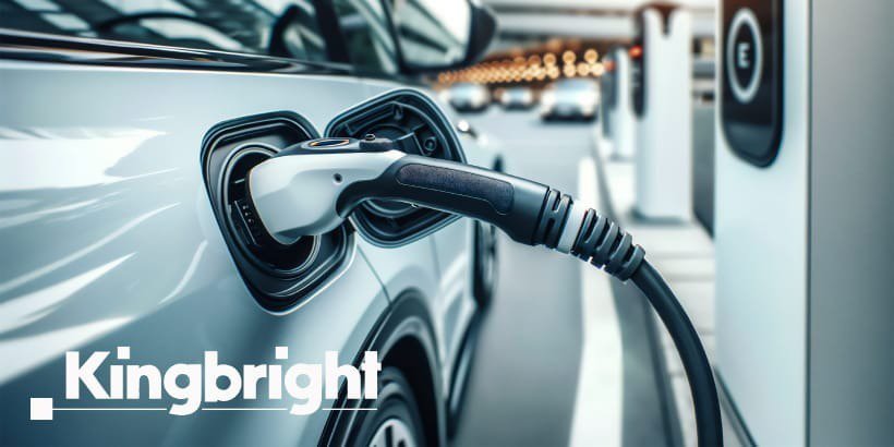 A modern electric vehicle is plugged into a charging station labeled 'Kingbright' in a sleek urban setting
