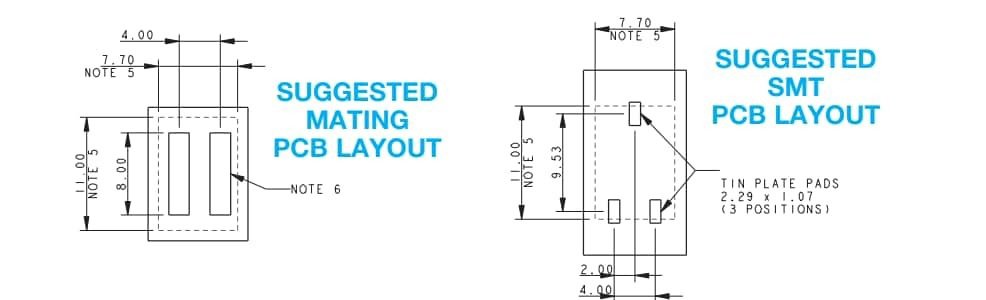 Technical diagram showcasing suggested mating and SMT PCB layouts