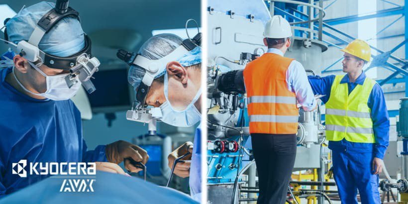 二つの異なる職業、医師と建設作業員を対比したスプリットイメージ