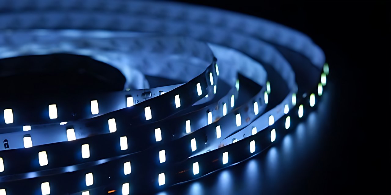 Vue rapprochée de bandes lumineuses LED illuminées émettant une lueur blanche froide sur un fond sombre.