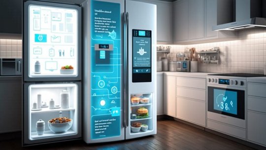 Ein eleganter smarter Kühlschrank mit beleuchteten Fächern und digitaler Schnittstelle, präsentiert in einer modernen Küche.