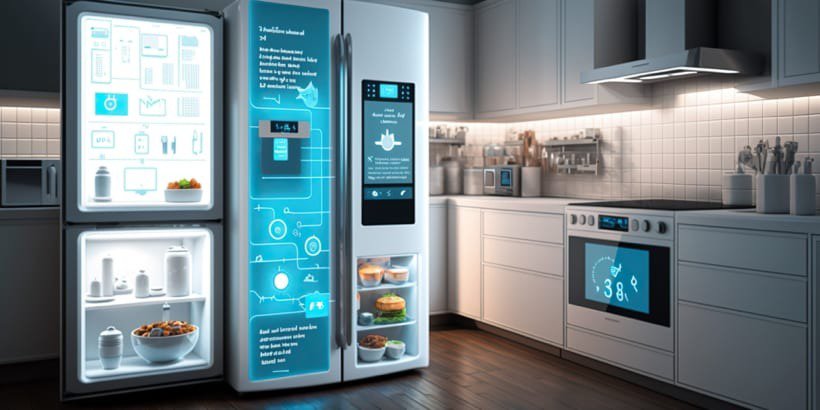 Ein eleganter Smart-Kühlschrank mit beleuchteten Fächern und digitaler Benutzeroberfläche, präsentiert in einer modernen Küche.