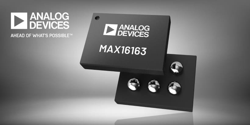 Close-up of the Analog Devices MAX16163 microchip, showcasing its sleek design and metallic components
