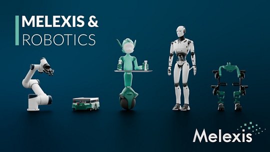 A collection of robotic devices and humanoid robots showcased against a blue background. The image features a robotic arm, a humanoid robot, a green delivery robot, and a compact autonomous vehicle.