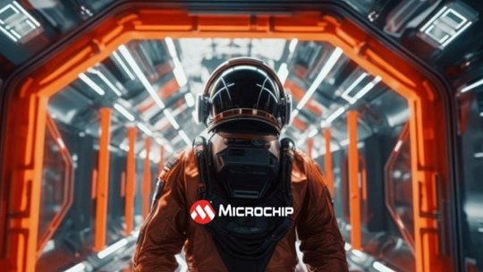 A lone astronaut in a high-tech suit stands in a futuristic corridor illuminated by vibrant orange and white lights. 