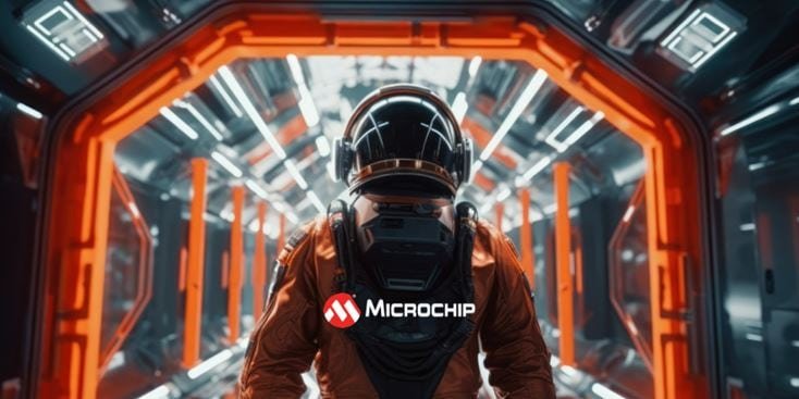 A lone astronaut in a high-tech suit stands in a futuristic corridor illuminated by vibrant orange and white lights. 