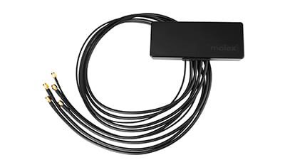 A sleek black Molex connector hub featuring multiple attached cables with gold-plated connectors. 
