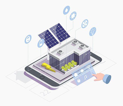 Illustration of a modern smart home featuring solar panels on the roof and connected technology icons.