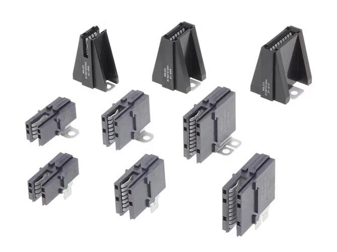 A collection of black electronic connectors and terminal blocks arranged on a white background.