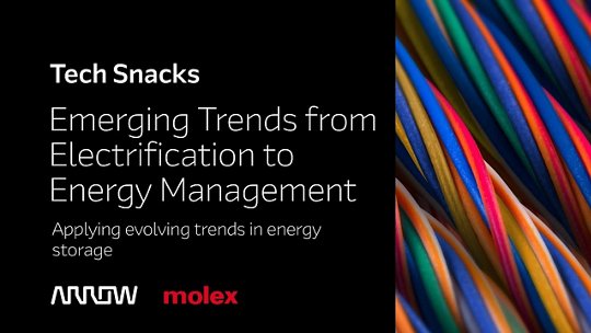 A promotional graphic highlighting electrification and energy storage trends. The image features vibrant, multicolored wires on the right, symbolizing electrical connections. 