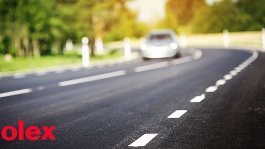 Strada asfaltata curva con segnaletica bianca delle corsie, un'auto sfocata in lontananza e il logo dell'azienda "molex" in basso.