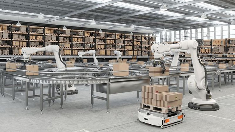 A modern warehouse featuring robotic arms sorting and handling packages on conveyor belts. 