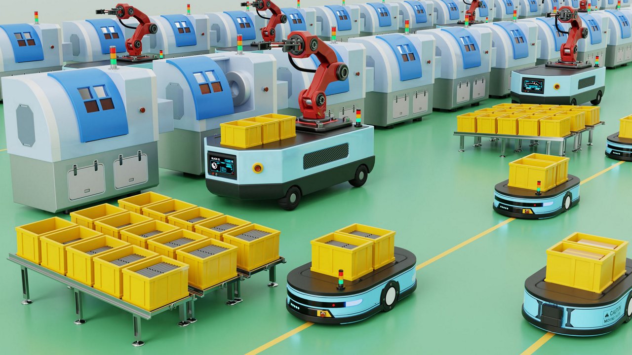 A modern factory setting featuring robotic arms and autonomous carts transporting yellow crates.