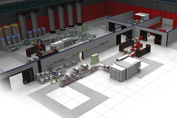 A detailed view of an industrial manufacturing facility showcasing various machinery and equipment. The setting appears to be a large, organized production floor with assembly lines and storage areas. Key visuals include metallic structures, conveyor belts, and industrial tanks. The image emphasizes precision and modern manufacturing processes.