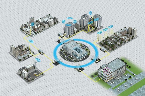 An illustrated depiction of a smart city network showcasing interconnected buildings and infrastructure. The central building is highlighted with a blue circular overlay, symbolizing connectivity. Wireless signals and yellow lines represent data flow between structures. The setting includes urban architecture and grid-like visuals.