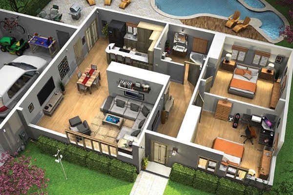 A detailed 3D rendering of a modern house layout featuring multiple rooms, including bedrooms, living areas, and a kitchen. The setting includes a backyard with a swimming pool and lounge chairs, surrounded by greenery. The visuals highlight wooden flooring, contemporary furniture, and a garage with bicycles and tools. The design emphasizes spaciousness and functionality.