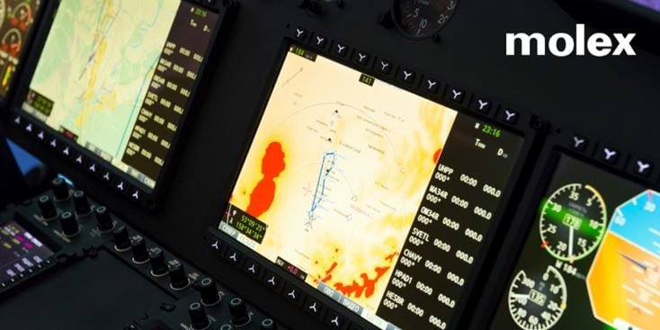 Aircraft cockpit with multiple digital displays with navigation and data visuals