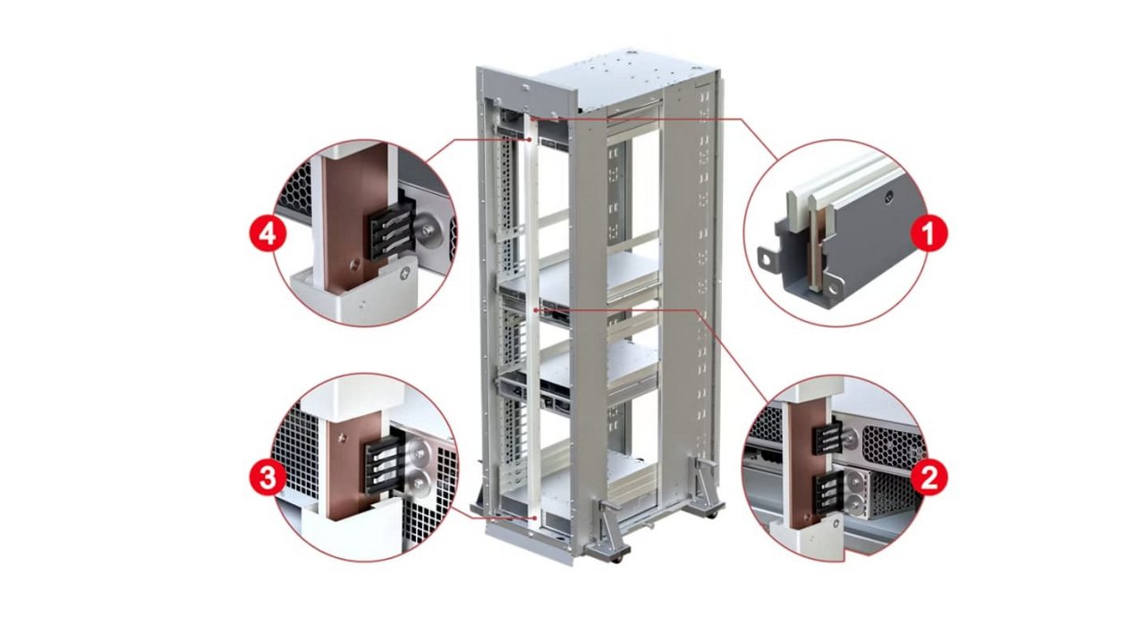 A metal server rack is displayed with close-up views of its structural components. 