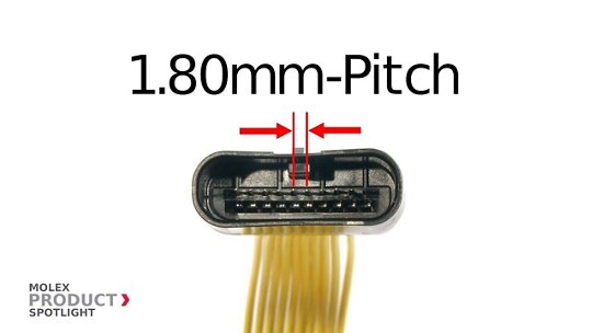 1.80mmピッチコネクターのクローズアップ、ピン配置と間隔が示されています。