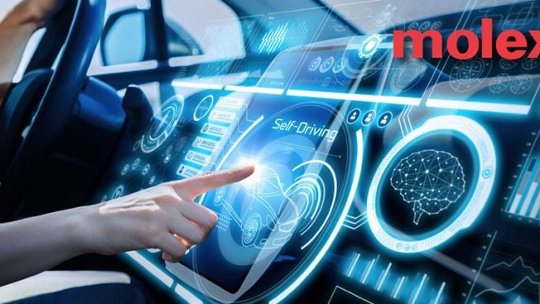 A high-tech self-driving car dashboard featuring holographic-style digital interfaces.