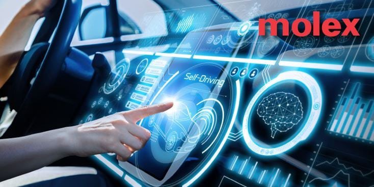 A high-tech self-driving car dashboard featuring holographic-style digital interfaces.