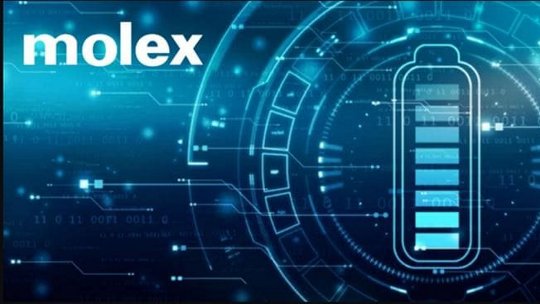 Molex 技术图形，包含电池图标和数字电路元素。