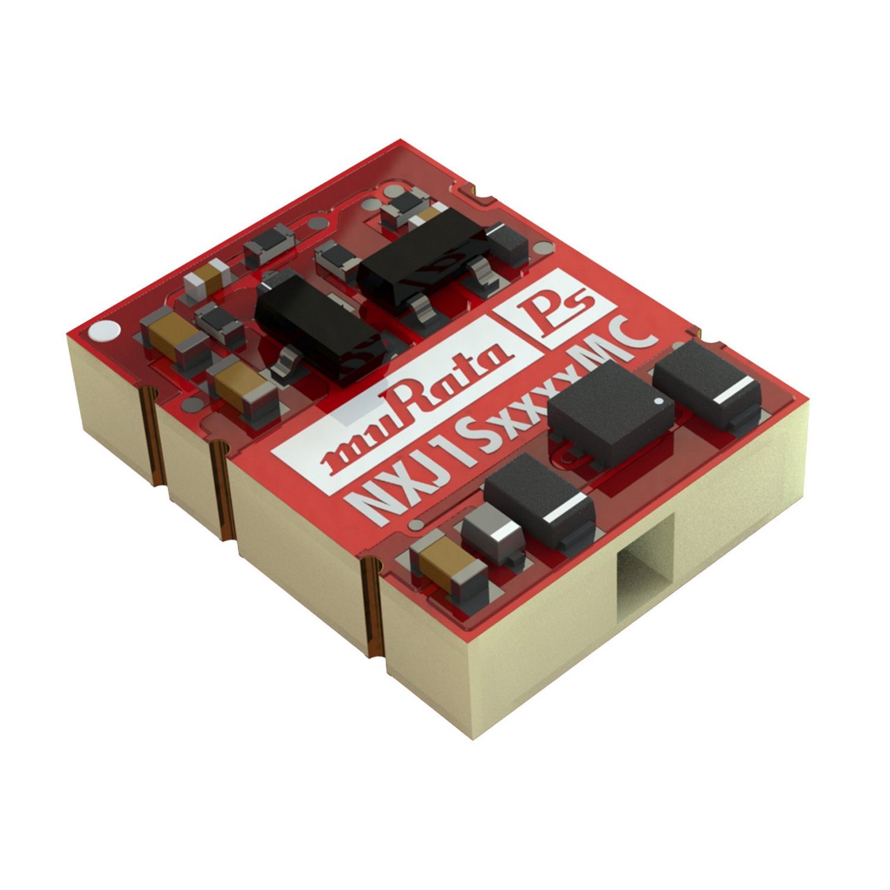Compact Murata NXJ1SxxMC power module with visible electronic components. The red circuit board features detailed microchip arrangements and labeled text.