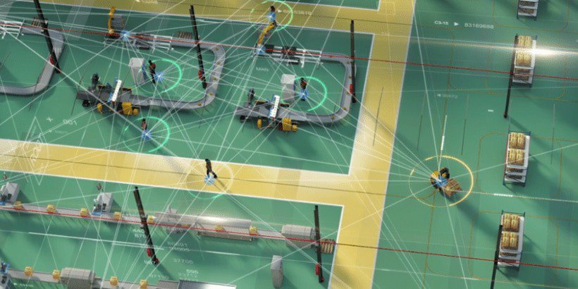 A high-tech factory floor showcasing automated machinery and workers interacting with advanced systems