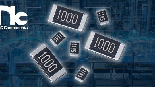 A collection of NIC Components resistors displayed against a high-tech industrial background