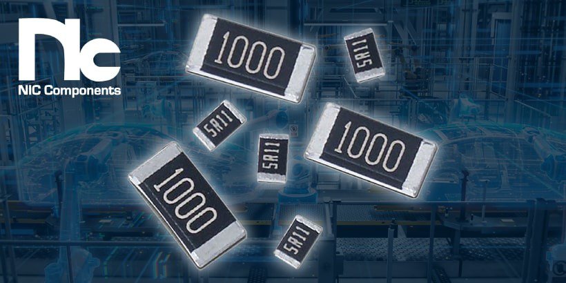 A collection of NIC Components resistors displayed against a high-tech industrial background