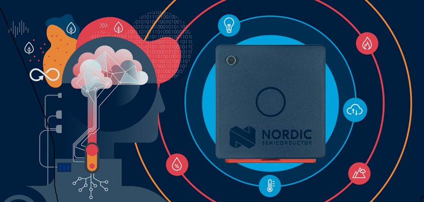 A Nordic Semiconductor chip is prominently displayed against a vibrant, technology-themed background