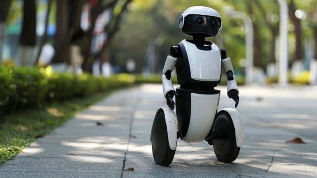 A sleek, modern robot with a white and black design is seen on a paved pathway in a park-like setting