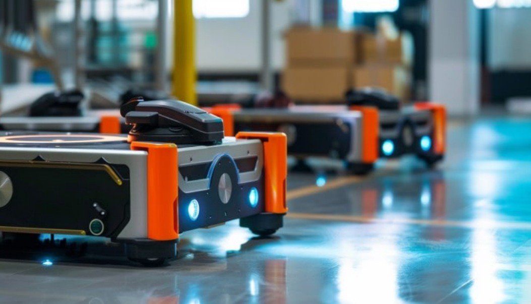 A group of autonomous robots designed for warehouse operations is seen navigating a polished industrial floor