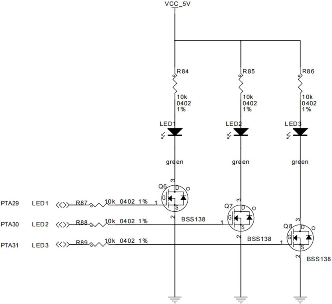 A detailed circuit diagram showcasing three green LEDs connected to BSS138 transistors. 