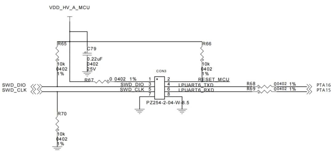 A detailed circuit schematic featuring a microcontroller and associated components. 