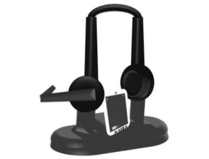 A sleek black headset displayed on a matching charging stand.