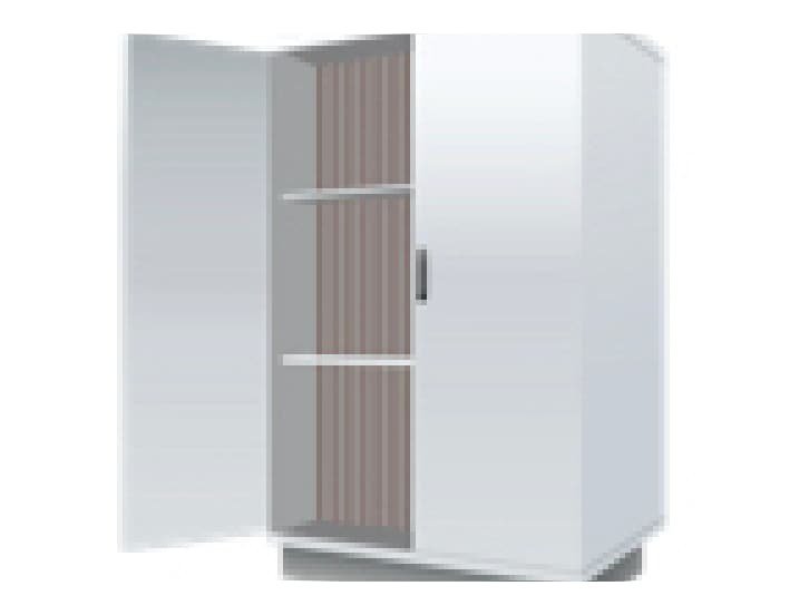A sleek white storage cabinet with one door open, revealing two interior shelves.