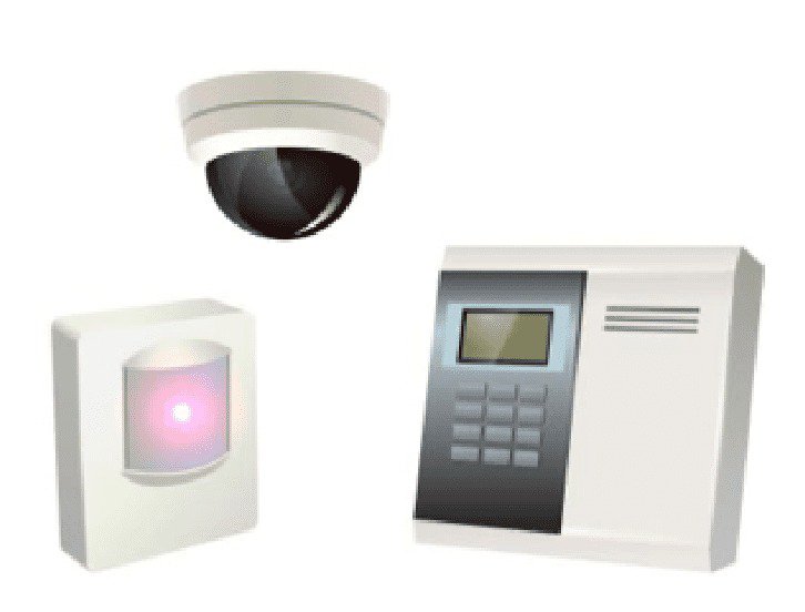 Illustration of a security system featuring a dome surveillance camera, a keypad control panel, and a motion sensor with a glowing red light. 