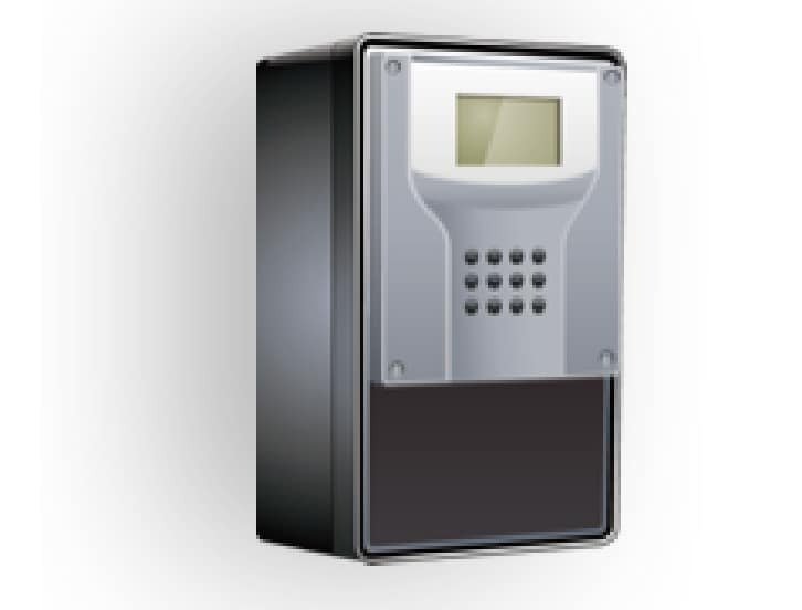 A sleek, wall-mounted security device featuring a keypad and a small display screen.